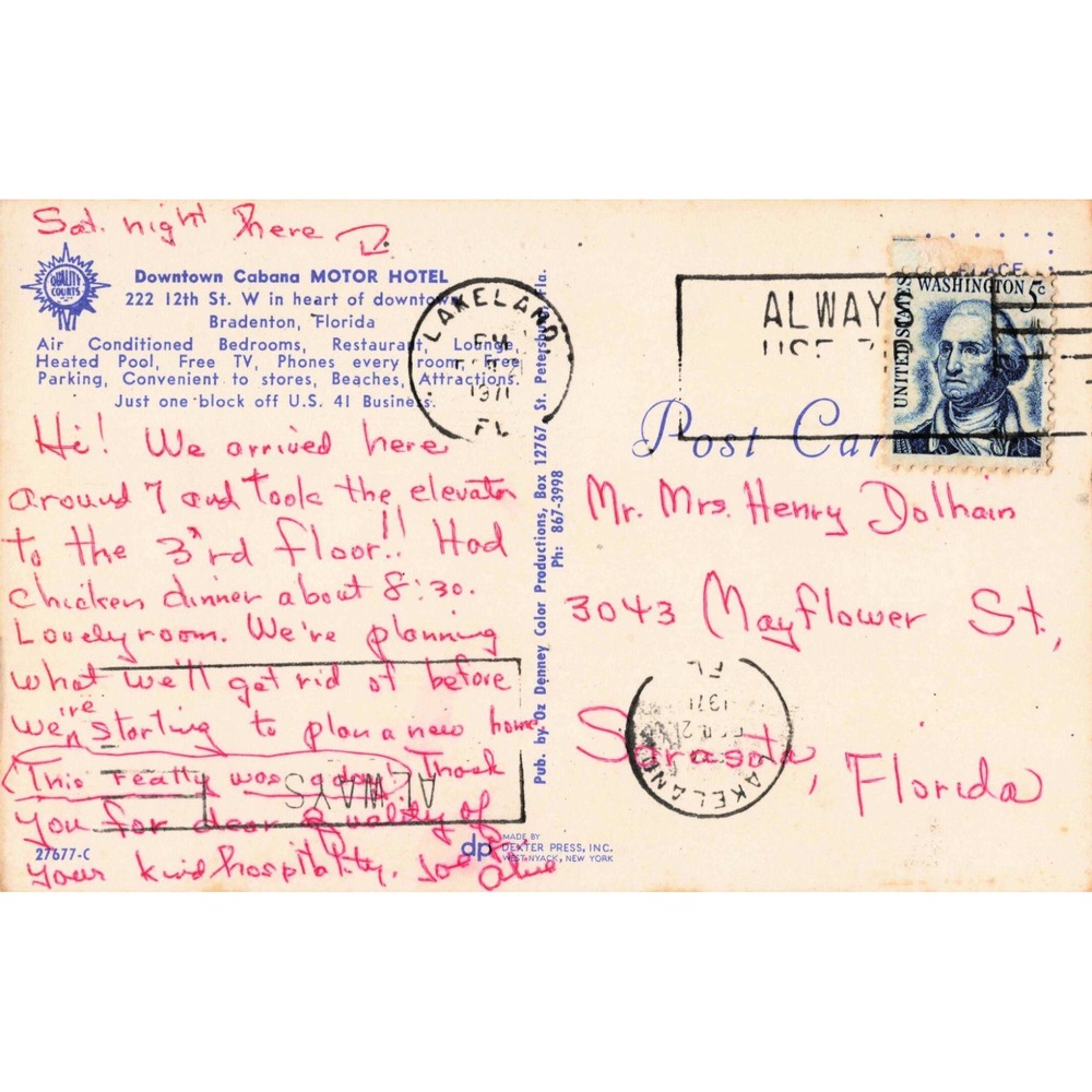 Vintage Downtown Cabana Motor Hotel Bradenton Florida Postcard Quality Courts VG - Picture 2 of 2